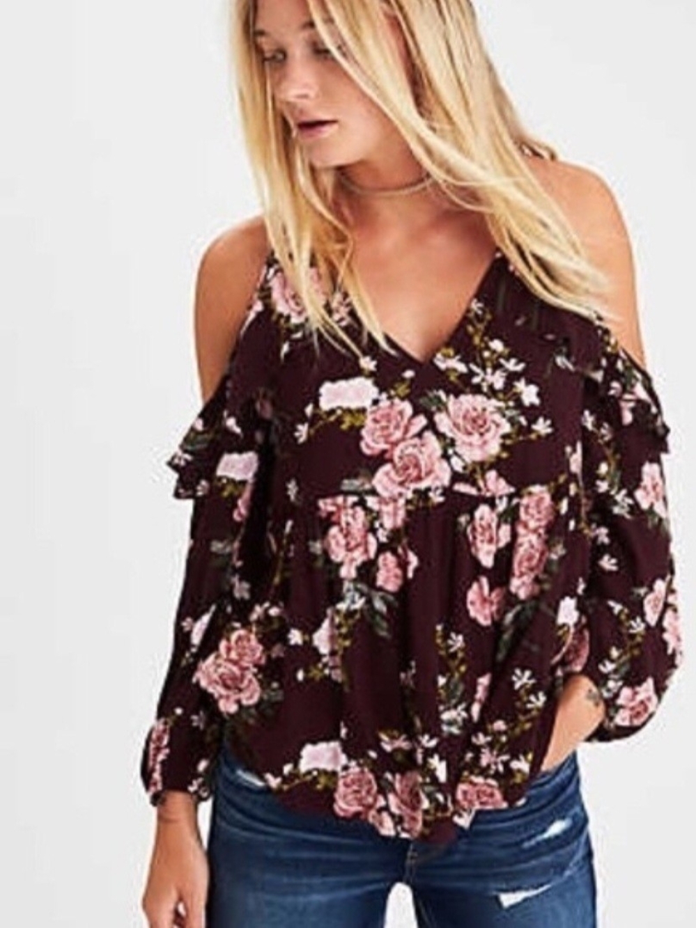 NWT Sz XS American Eagle Outfitters Burgundy Floral Cold-Shoulder V-Neck Top